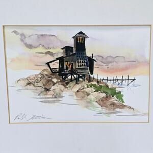 Ralph Acosta Original Seascape Watercolor Painting Lighthouse Beach Pier Matted